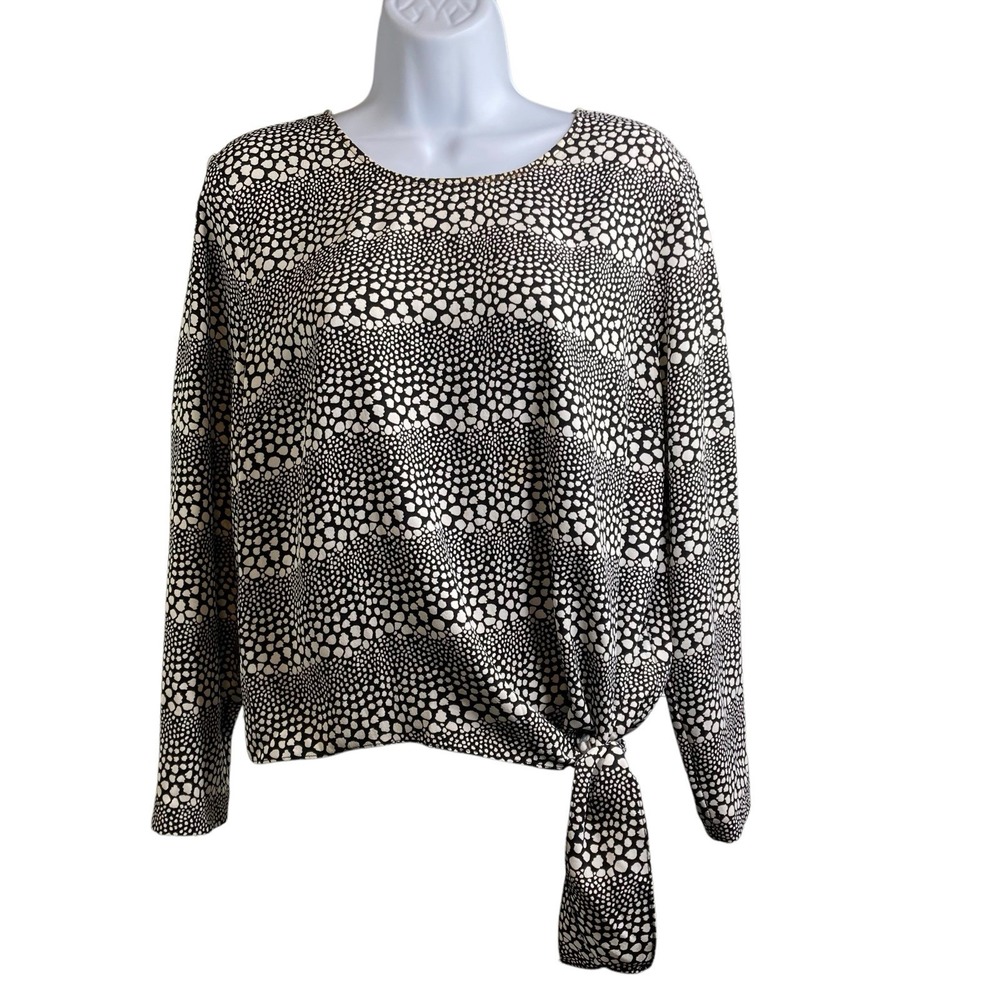 Talbots Women's Gray Pebble Print Tie‎ Front Blouse Size L Old Money Elegant
